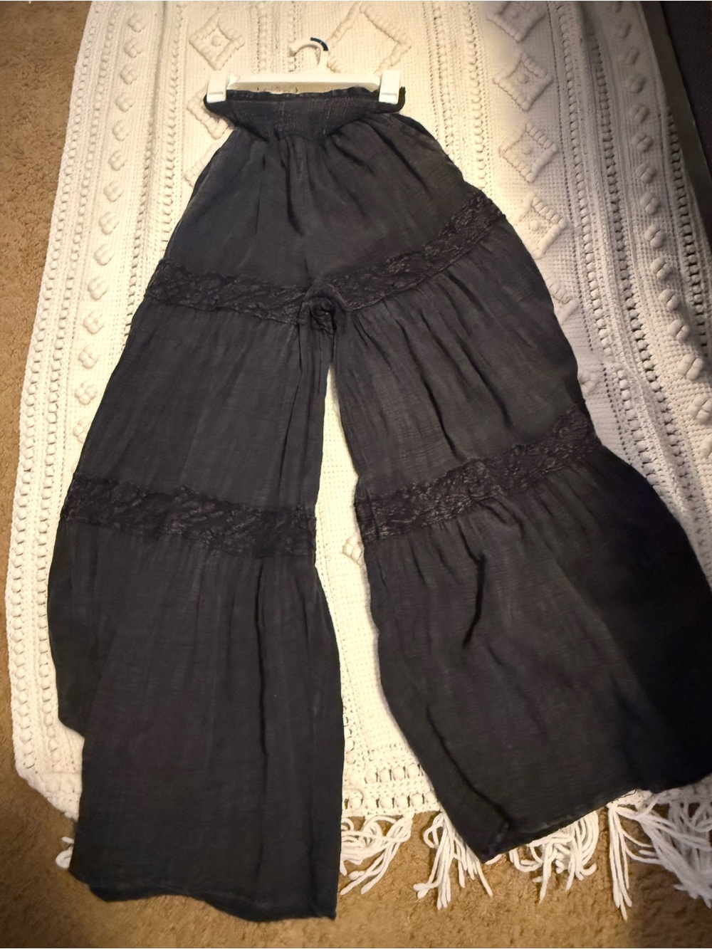 Oli & Hali Black Tiered Wide-Leg Pants with Lace Trim